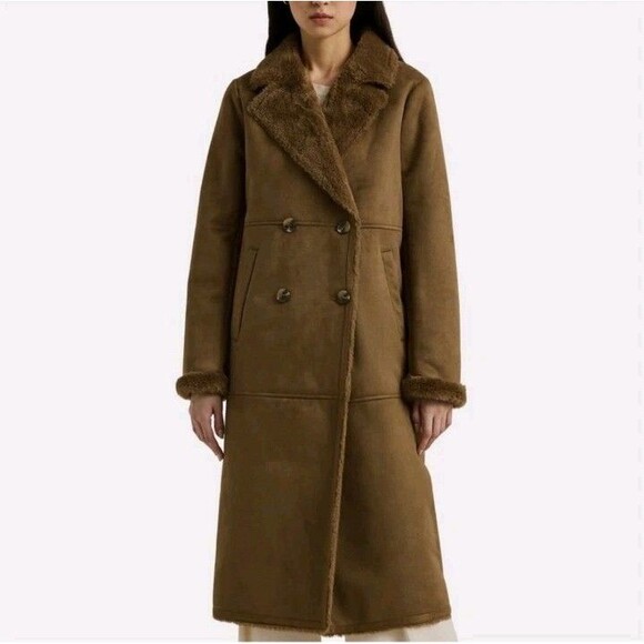 Lauren Ralph Lauren Faux Sherpa Suede Double Breasted Coat Long Heavy Sz 2XL - Picture 2 of 16
